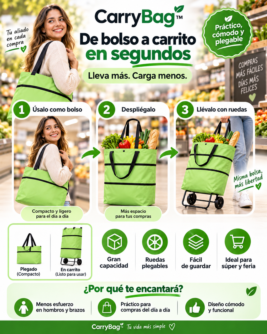 CarryBag™ | BOLSO CARRITO PLEGABLE 2 EN 1